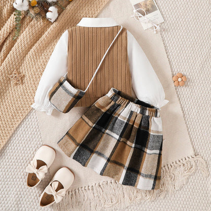 Girls Preppy Plaid 3-Piece Skirt Set