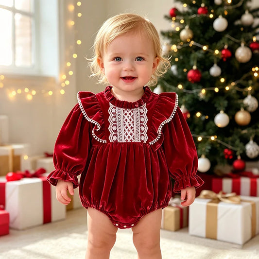Baby Girl Lace-Front Long-Sleeve Romper