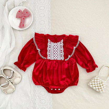 Baby Girl Lace-Front Long-Sleeve Romper