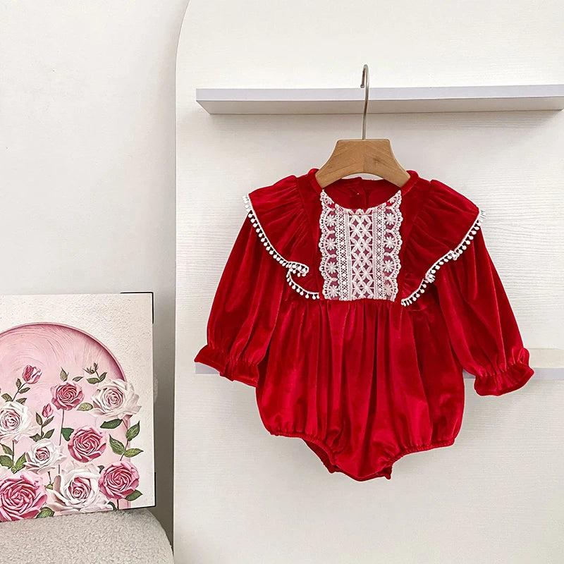 Baby Girl Lace-Front Long-Sleeve Romper