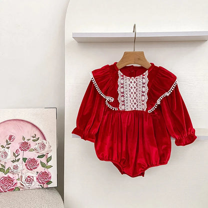 Baby Girl Lace-Front Long-Sleeve Romper