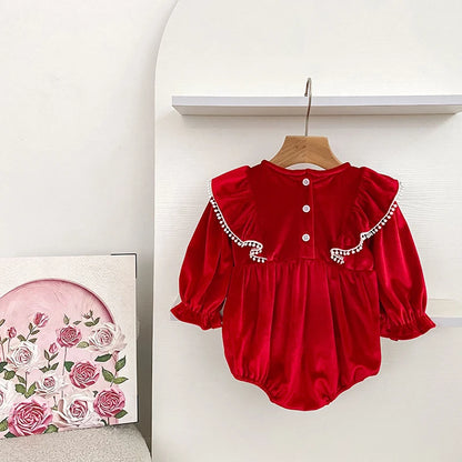 Baby Girl Lace-Front Long-Sleeve Romper