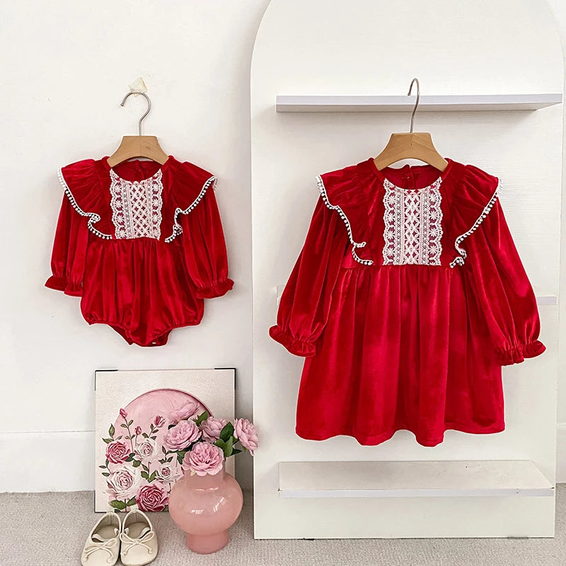 Baby Girl Lace-Front Long-Sleeve Romper