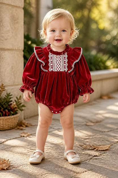 Baby Girl Lace-Front Long-Sleeve Romper