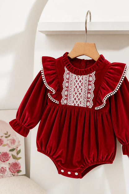 Baby Girl Lace-Front Long-Sleeve Romper