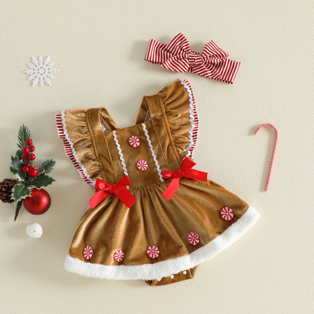 Baby Girl Peppermint Christmas Romper Set