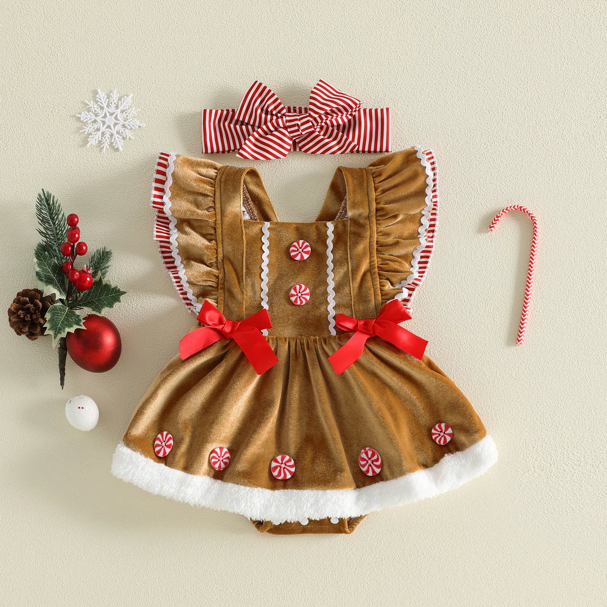 Baby Girl Peppermint Christmas Romper Set