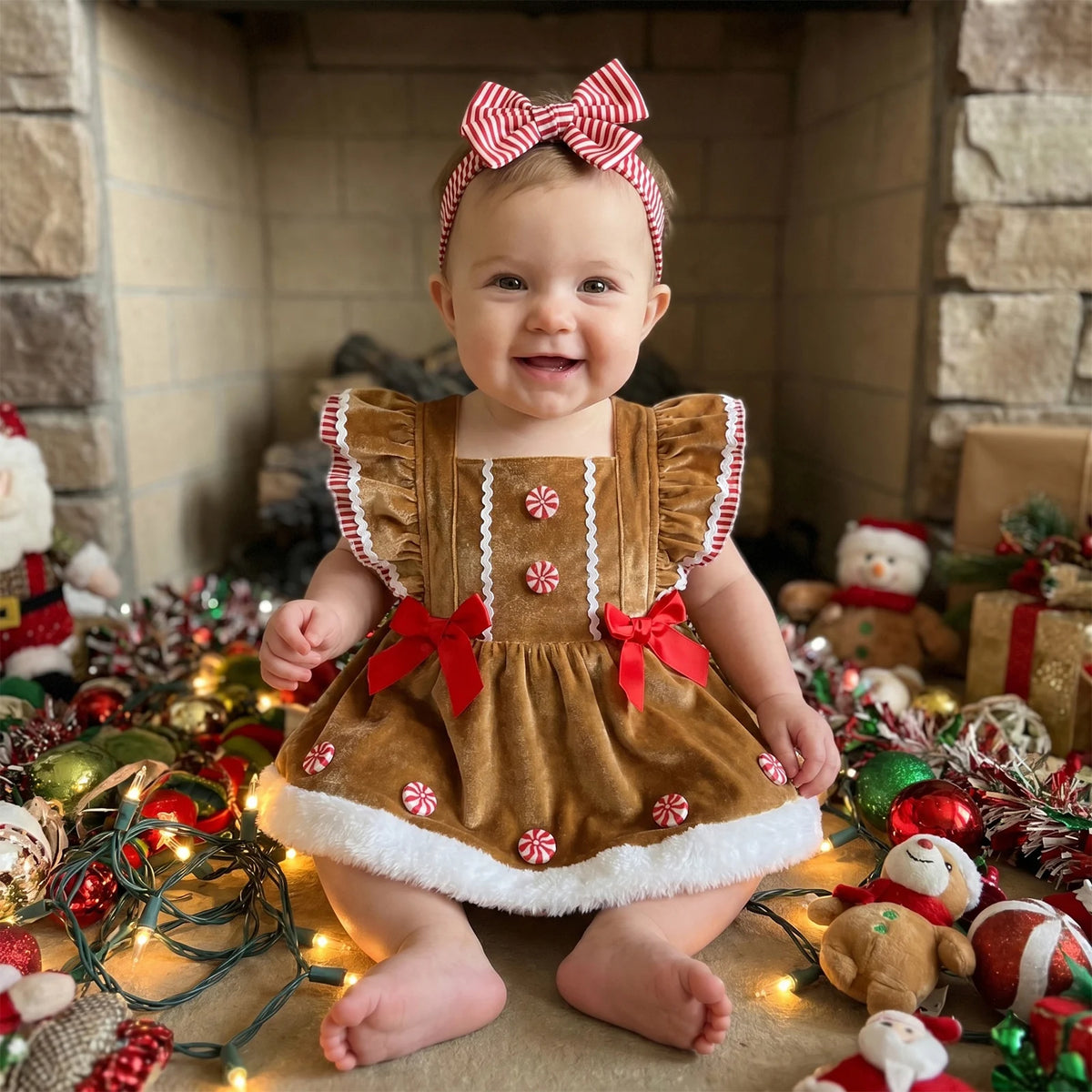 Baby Girl Peppermint Christmas Romper Set