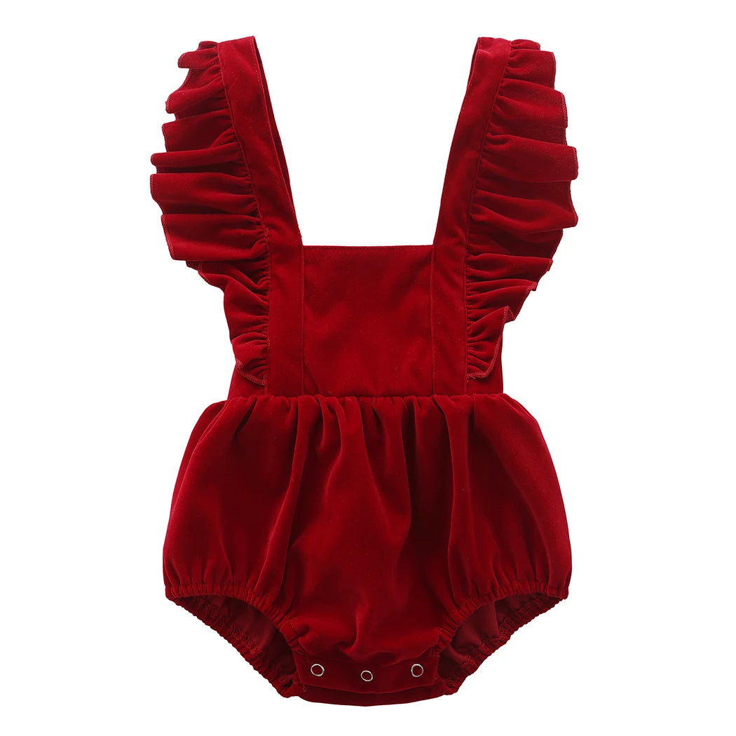 Baby Girl Velvet Lace-Ruffle Romper