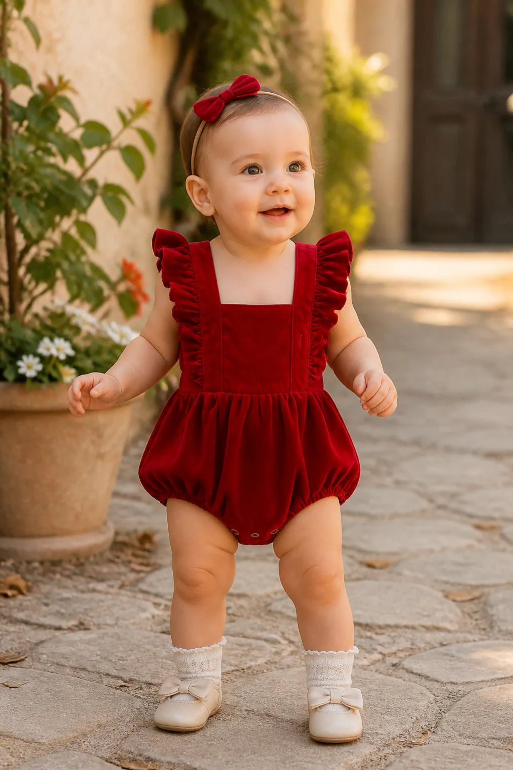 Baby Girl Velvet Lace-Ruffle Romper