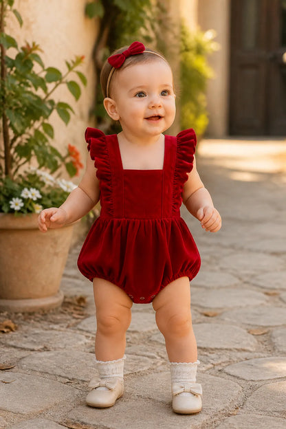 Baby Girl Velvet Lace-Ruffle Romper