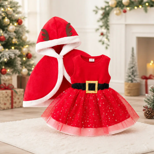 Baby & Toddler Girl Christmas Dress with Hooded Cape