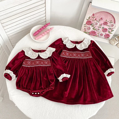 Girls Christmas Lace Collar Dress or Baby Romper