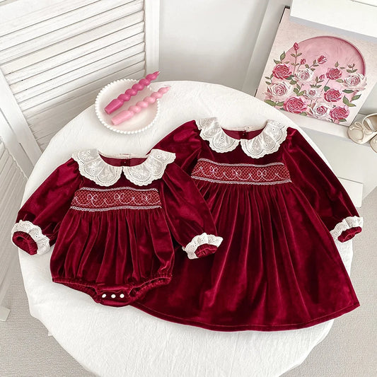 Girls Christmas Lace Collar Dress or Baby Romper