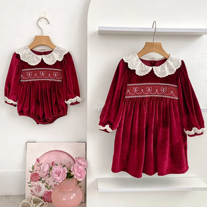 Girls Christmas Lace Collar Dress or Baby Romper