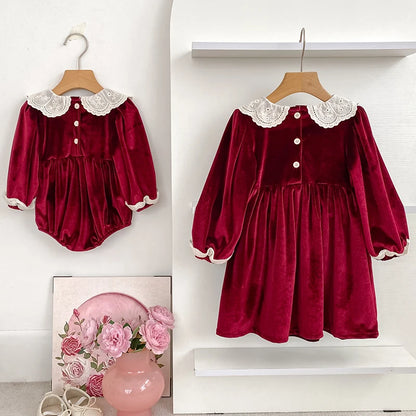 Girls Christmas Lace Collar Dress or Baby Romper