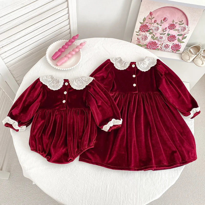 Girls Christmas Lace Collar Dress or Baby Romper