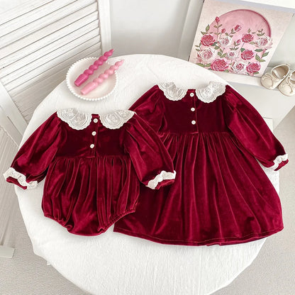 Girls Christmas Lace Collar Dress or Baby Romper