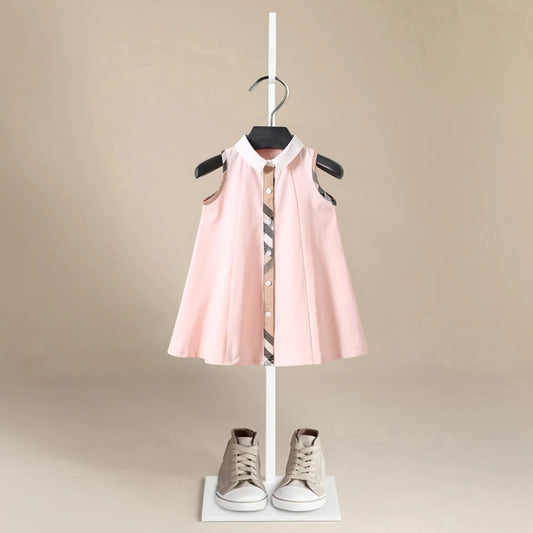 Girls Sleeveless Button-Front Checked-Trim Cotton Shirt Dress