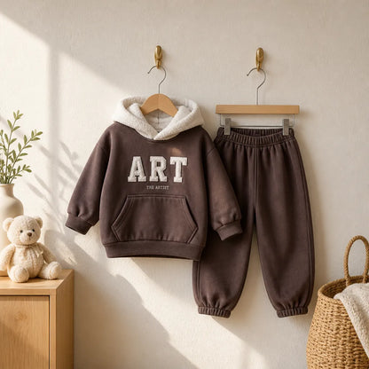 Kids Plush Fleece Hooded Sweatshirt & Jogger Set
