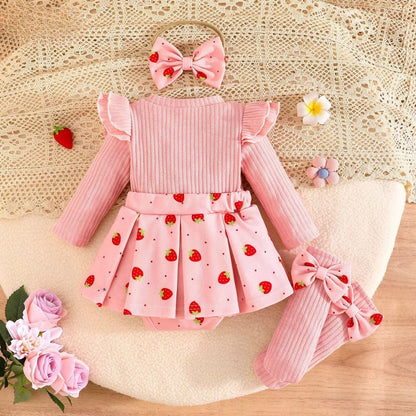 Strawberry Tutu Knit Romper Dress Set – Long Sleeve Dress with Headband & Socks