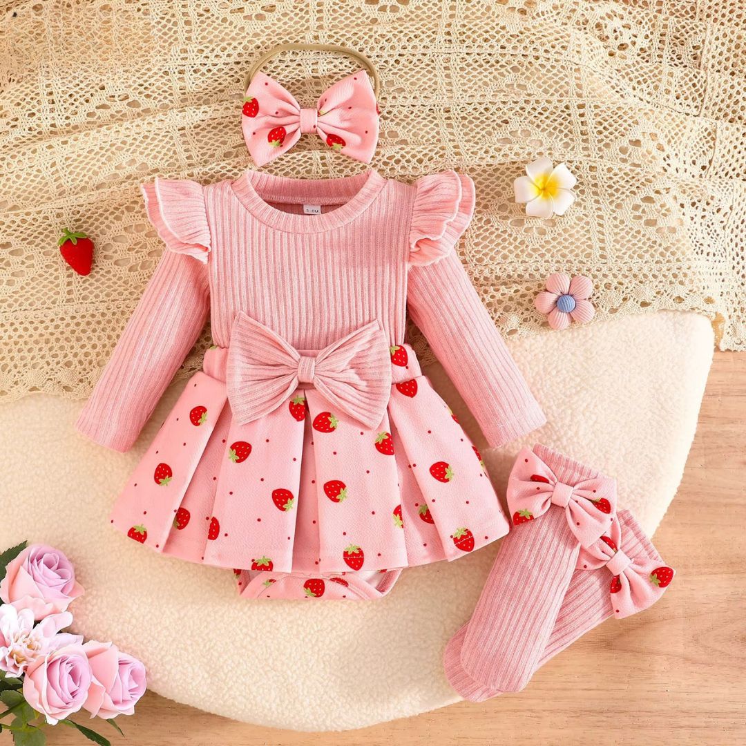 Strawberry Tutu Knit Romper Dress Set – Long Sleeve Dress with Headband & Socks