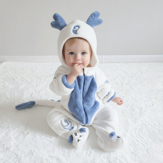 Plush Baby Dinosaur Flannel Onesie – Hooded Jumpsuit with Tail & Antlers