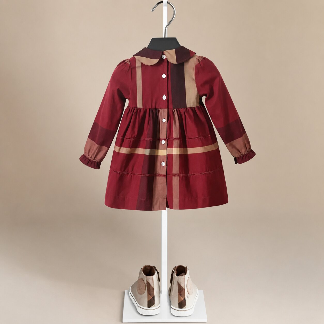 Girls Checked Long Sleeve Cotton Dress