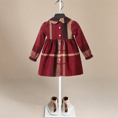 Girls Checked Long Sleeve Cotton Dress