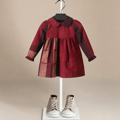 Girls Checked Long Sleeve Cotton Dress