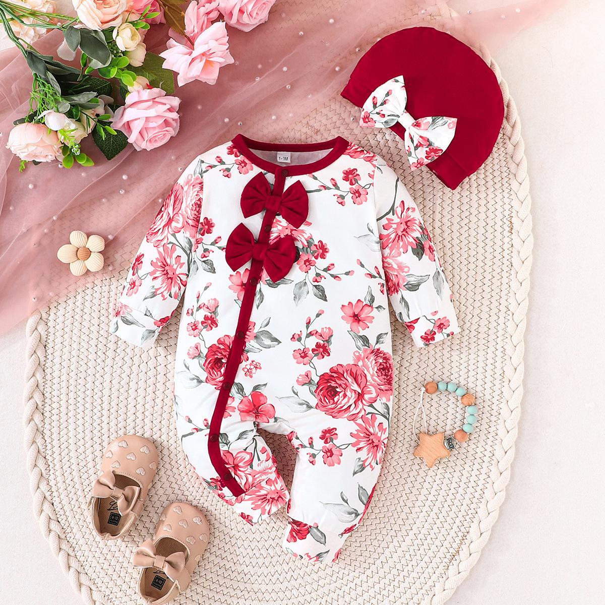 Baby Girl Floral Cotton Jumpsuit with Bows