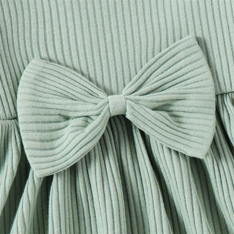 Ribbed Long Sleeve Baby Dress Jumpsuit with Bow & Headband