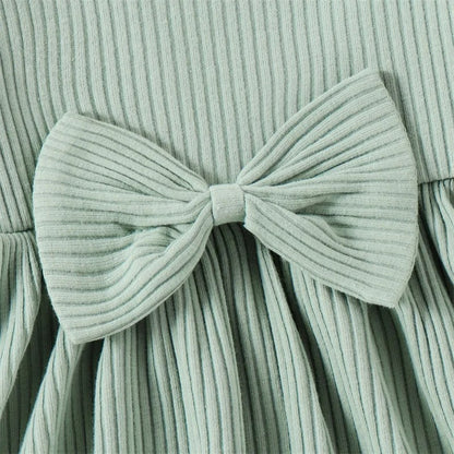 Ribbed Long Sleeve Baby Dress Jumpsuit with Bow & Headband