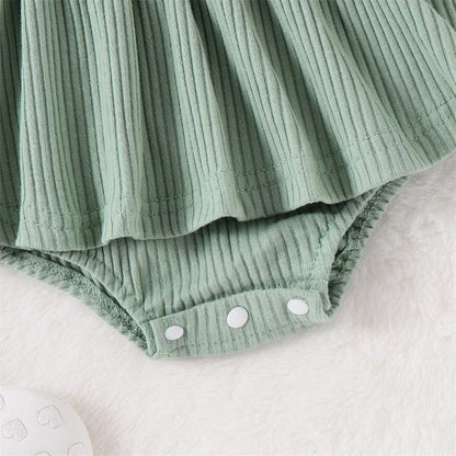 Ribbed Long Sleeve Baby Dress Jumpsuit with Bow & Headband