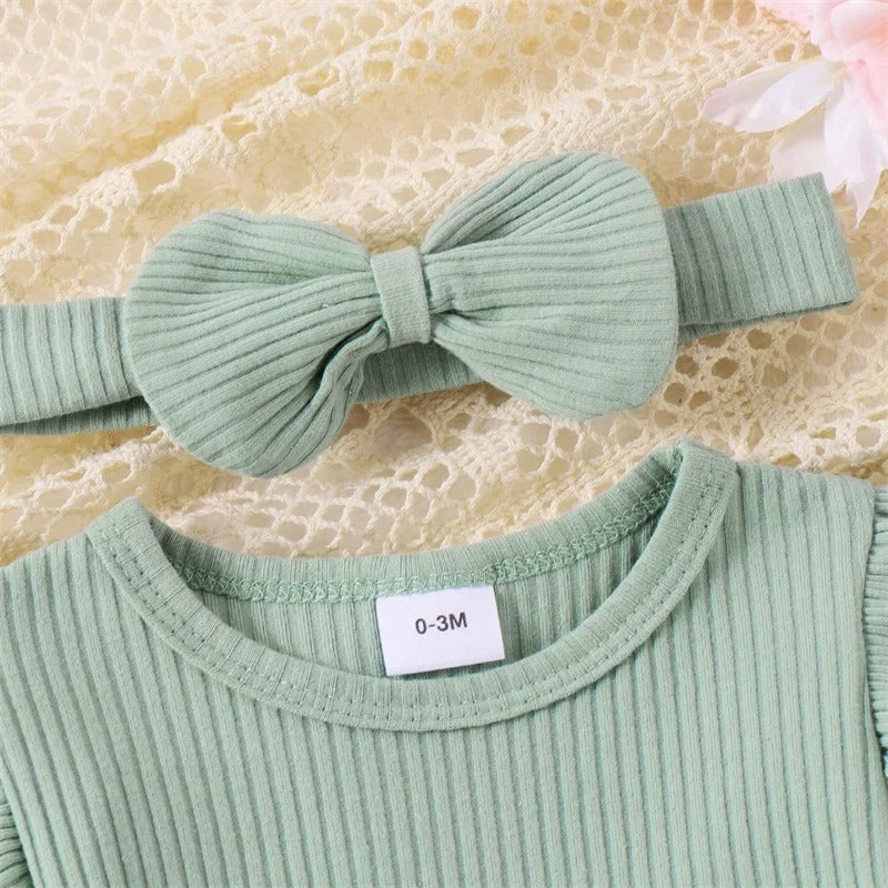 Ribbed Long Sleeve Baby Dress Jumpsuit with Bow & Headband