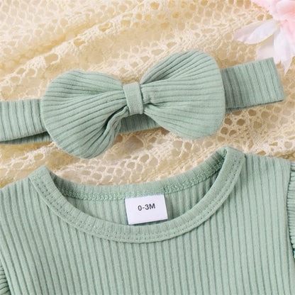 Ribbed Long Sleeve Baby Dress Jumpsuit with Bow & Headband