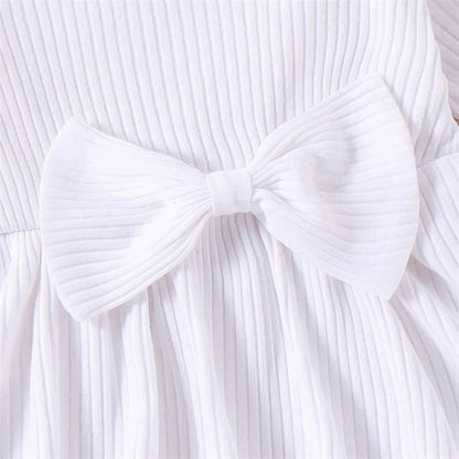 Ribbed Long Sleeve Baby Dress Jumpsuit with Bow & Headband