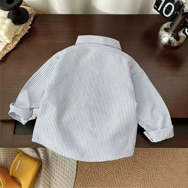 Boys Striped Button Down Shirt with Cartoon Dog Pocket