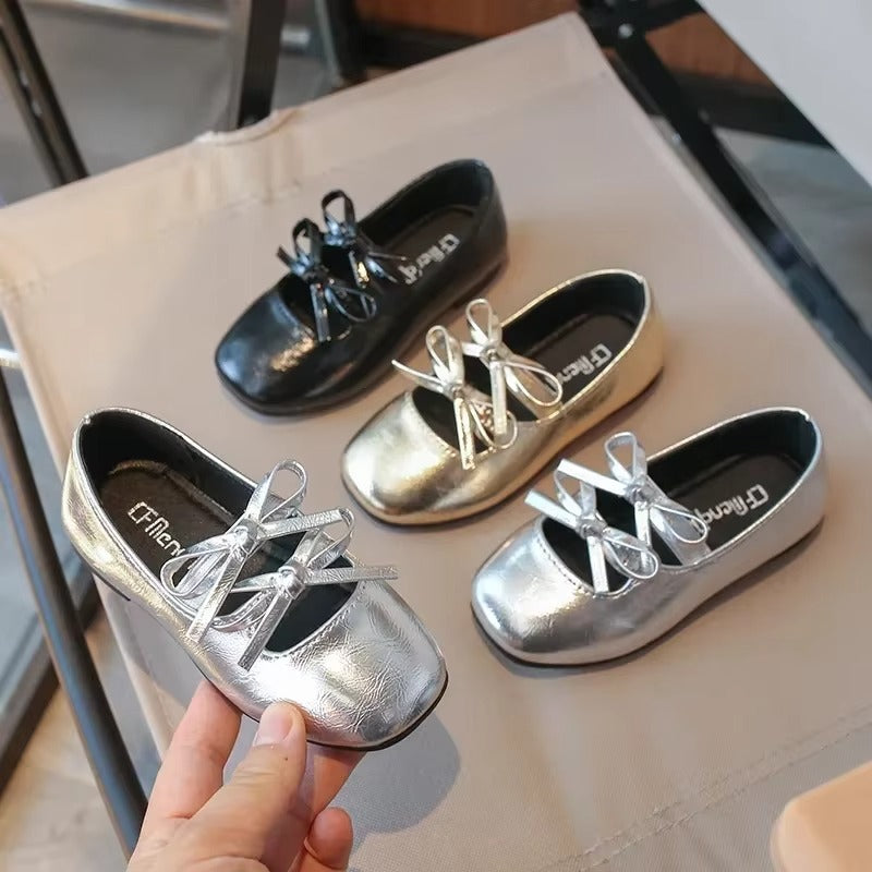 Girls Metallic Dance Shoes With Double Bow