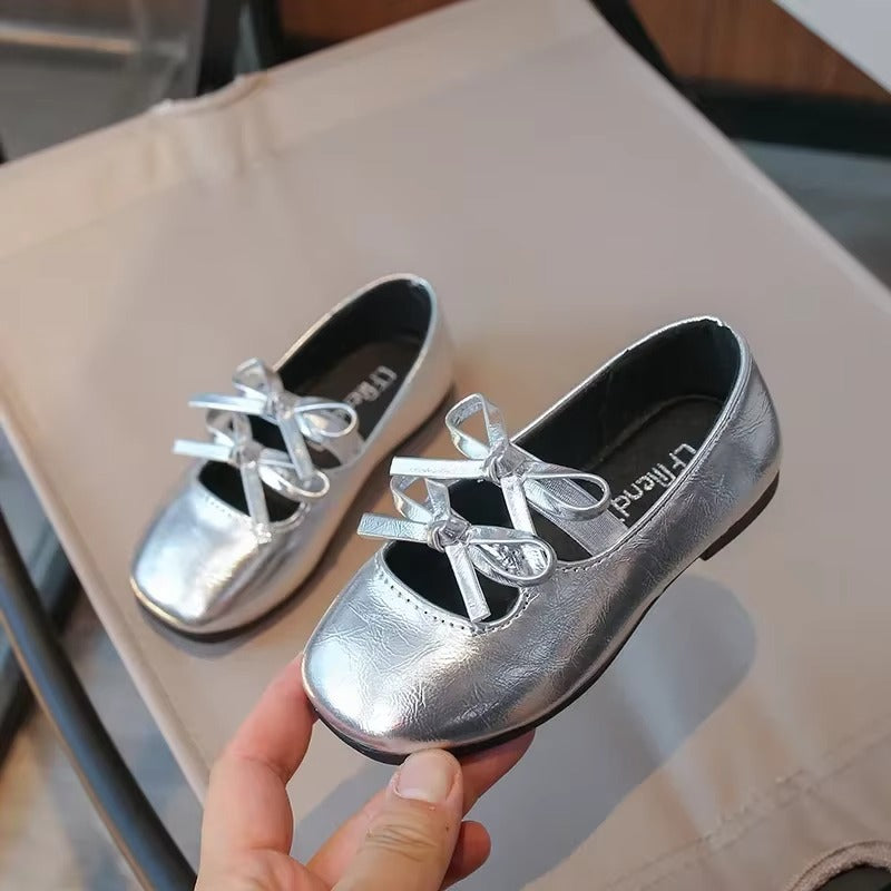 Girls Metallic Dance Shoes With Double Bow