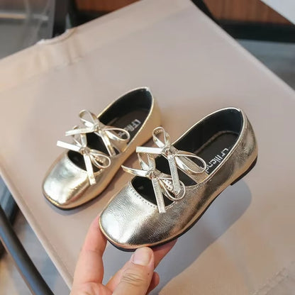 Girls Metallic Dance Shoes With Double Bow