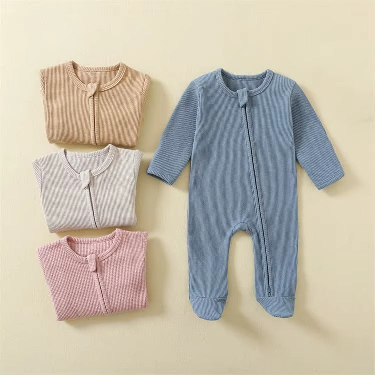 Organic Cotton Waffle Baby Romper – Soft Zip Sleepsuit
