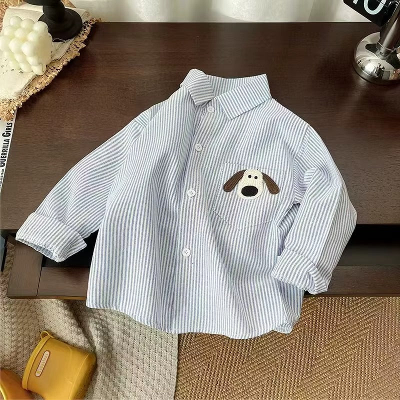 Boys Striped Button Down Shirt with Cartoon Dog Pocket
