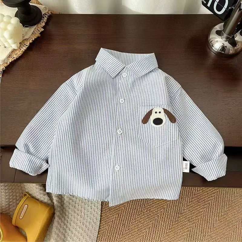 Boys Striped Button Down Shirt with Cartoon Dog Pocket