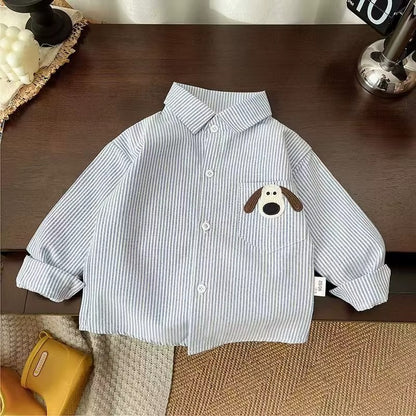 Boys Striped Button Down Shirt with Cartoon Dog Pocket