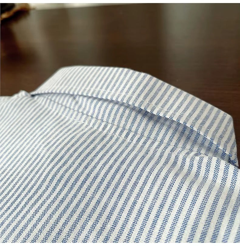 Boys Striped Button Down Shirt with Cartoon Dog Pocket
