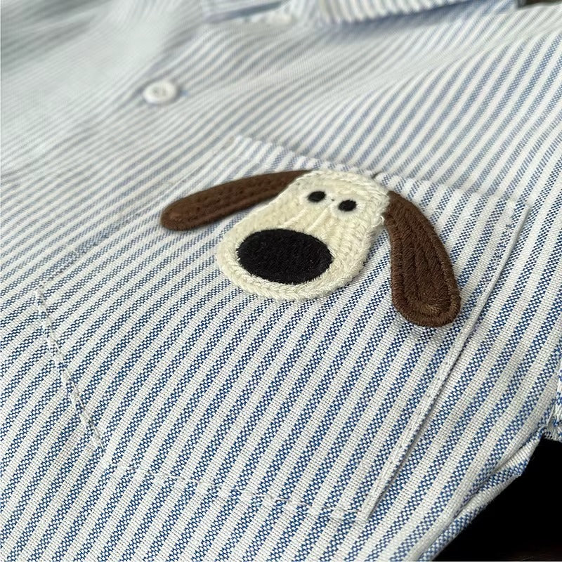Boys Striped Button Down Shirt with Cartoon Dog Pocket