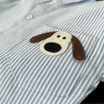 Boys Striped Button Down Shirt with Cartoon Dog Pocket