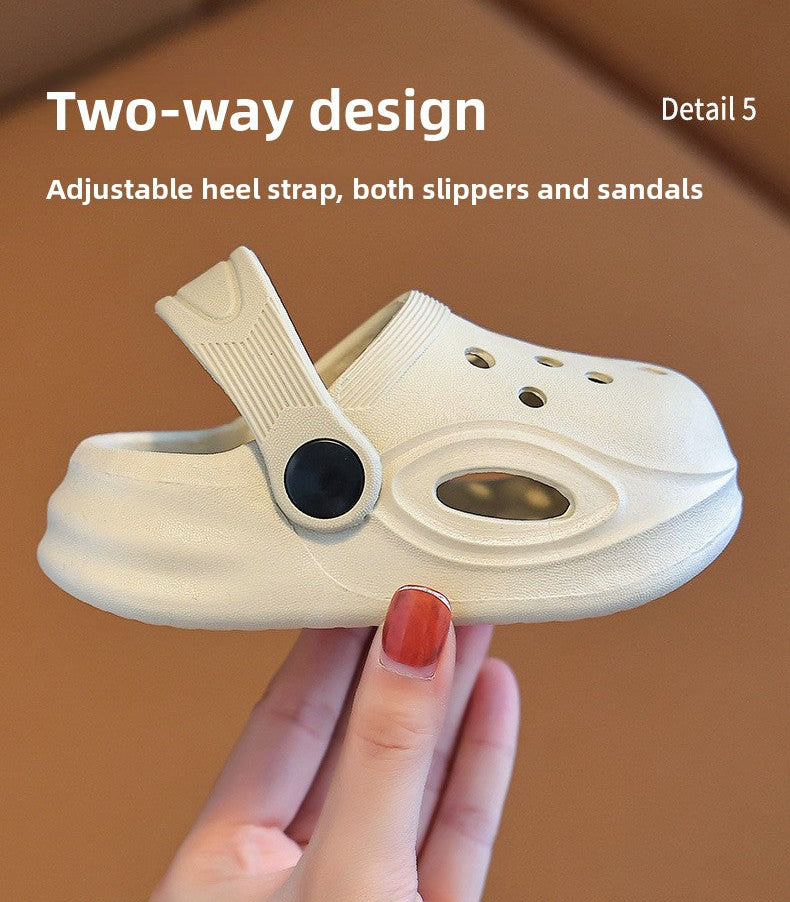 A white molded clog-style shoe with an adjustable heel strap, held in a hand against a warm brown background. Text on the image reads 'Two-way design' and 'Adjustable heel strap, both slippers and sandals'.