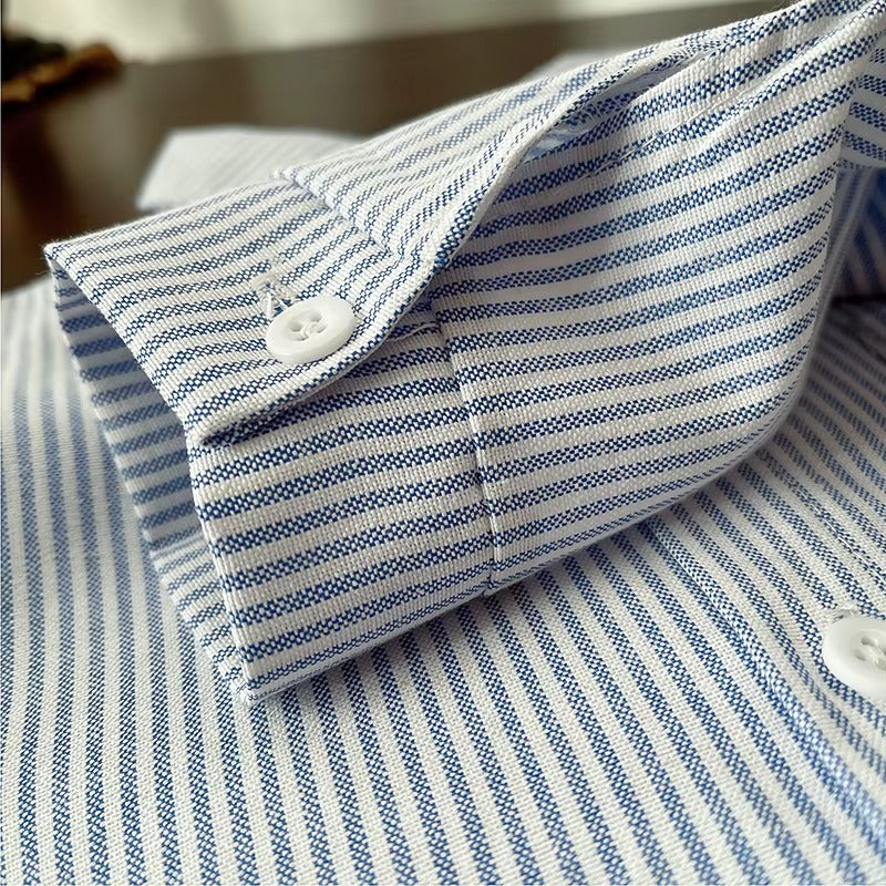 Boys Striped Button Down Shirt with Cartoon Dog Pocket